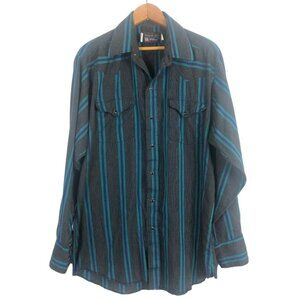 Vtg Panhandle Slim Western Pearl Snap Shirt 16-1/2 35 Blue Striped USA Pockets
